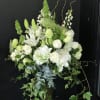 White lilies, roses, &amp; delphinium