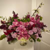 Arrangement of roses, hydrangea, lilac, calla lilies