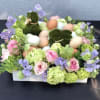 Easter centerpiece with bunnies and eggs