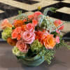 Pink, peach roses with dahlias, and veronica florals.