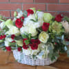 Beautiful red roses, white hydrangeas, green and white roses with spray roses