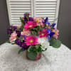 Arrangement includes Hydrangea, Stock, Gerbera Daisies, Carnations, Iris and Caspia.
Flowers may vary.