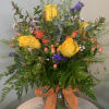 Yellow roses, orange sprays, purple, status, hypericum berries 