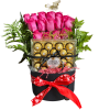 12 fucsias roses , ferrero chocolate.