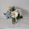 Beautiful blue and white hydrangea, off white rose and white gerbera daisy