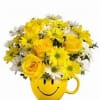 Happy face mug with yellow and white daisies great to cheer your