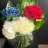 White, Blue and Red Roses, Hydrangeas, Green Foliage, Fish Bowl