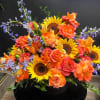 Sunflowers, Roses, Italian Butcher&rsquo;s Broom, Lilies, Purple Delphinium, Black Box