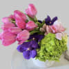 Fragrant pink tulips bouquet, purple vandas, white cymbidium orchids and green hydrangea