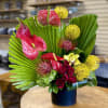 This bright happy mix of roses, hydrangeas, pin cushions &amp; other seasonal
