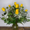 A vibrant arrangements it features 12 beautiful yellow roses baby&#039;s breath eucalyptus