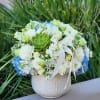 A succulents, blue hydrangeas, and white flowers floral arrangement in a vase
