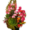 A bouquet featuring lush succulents and delicate pink blooms is a harmonious