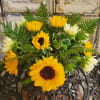 A warm blend of yellow and white sunflowers with fern, all inside