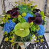 A clash of cool colors between calla lilies, anthurium, button mums, kale