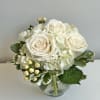 White Hydrangea, Roses &amp; Hypericum With Assorted Greens in Glass Vase.