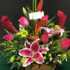The Tropical arrangement make with bird of paradise ,  ginger, roses