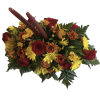 This gorgeous Autumn centerpiece features fresh red roses, yellow and butterscotch daisies