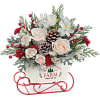 With its snowy white rose bouquet and vintage-inspired tree farm motif, this