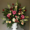 White Hydrangea, Red Roses, Pink Gerbera Daises, White Snapdragons, and Two Different