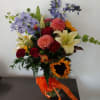 &quot;Fresh garden&quot; mix flowers roses, lilies with blue delphinium and sunflowers