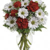 White daisies are paired with carnations and baby&rsquo;s breath to make a