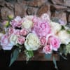 Roses, dahlias, and peonies arranged on a wood box (vase size 10x5)