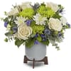 This bouquet features green disbud chrysanthemums, white cushion spray chrysanthemums, green button