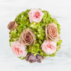 This vintage style arrangement contains roses, hydrangea, and a succulent. It is