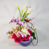 Modern Colorful Arrangements of Callas, Orchids, Roses, Stock, Dianthus, Branches, Tropical Greens
