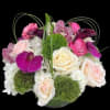 very beautiful low centerpiece with a mix white hydrangeas, a mix of