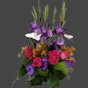 nice and lovely low centerpiece with purple gladiolas, hot pink celosia, orange