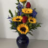 Cobalt Blue Vase With Sunflowers, Roses And Blue Delphinium