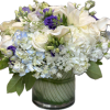 A lovely low and compact arrangement with white, blue and purple.