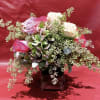 Custom Arrangement of Roses &amp; Hydrangea in clear glass cube with leaf