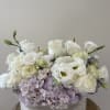 Purple hydrangeas, white roses, lisianthus