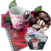 Valentine Basket: Peonies Artisan Mug with Hot Beverages; Artisan Roses Notebook with