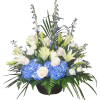 A blue, white, and green funeral basket for any type of service.