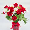Roses and Daisies in a red glass vase, finished with a red