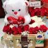 baskets red roses , teddy bear, ferreira chocolates.