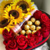 red roses, wine small, sunflowers.ferrero