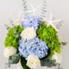 6&quot; x 6&quot; wood box filled with white roses, blue hydrangeas, green