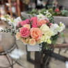 Roses, Spray Roses, Larkspur, in Square Ceramic vase 4X4