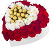 A modern flower arrangement in a heart box filled with roses &amp;