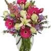 Hot pink gerbs and Lavender stock are the standouts in this bouquet-
