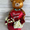Nice heart shape box with roses, hydrangea and spray roses tide in