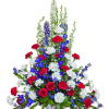 A dazzling display of patriotic red, white, and blue flowers sends a
