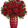 Red hot! Arranged with a ravishing all-red bouquet, this glass keepsake vase
