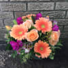 Bubble bowl Vase with peach Gerbera Daisy, fushia stock, peach roses, lavender