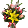 Yellow Asiatic lily, coral roses and spray roses, snapdragons with waxflower and